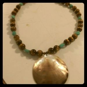 Handmade turquoise and cat eye shell necklace